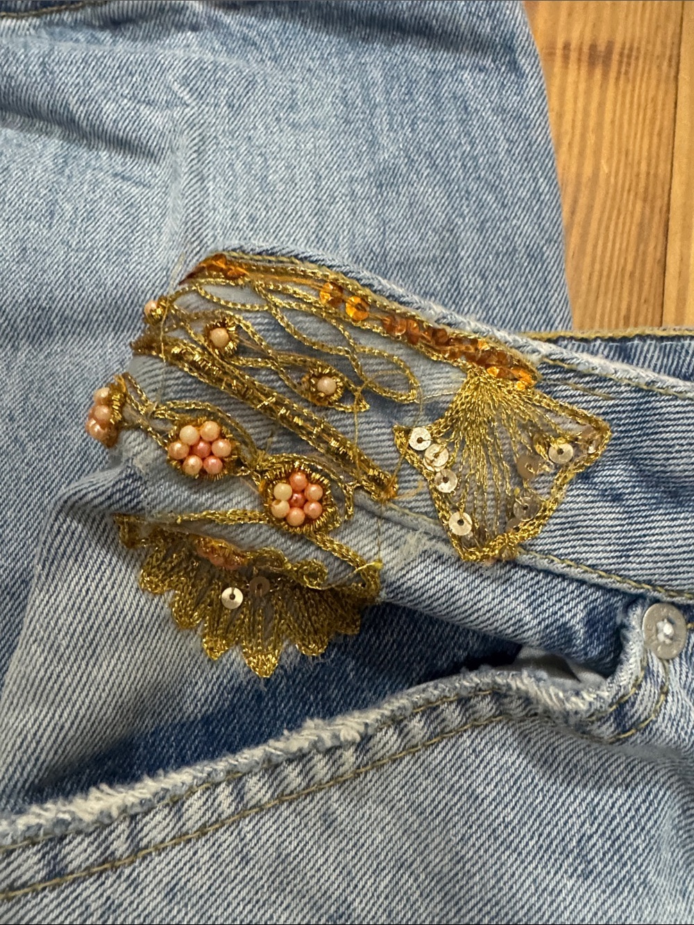 We The Free Light Blue Straight Leg Jeans with Gold Embroidered & Red Bead Waist - Picture 9 of 11